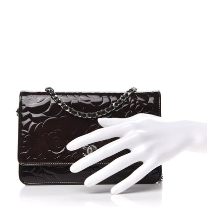 Chanel Patent Camellia Embossed Wallet On Chain WOC Brown 2 of 9