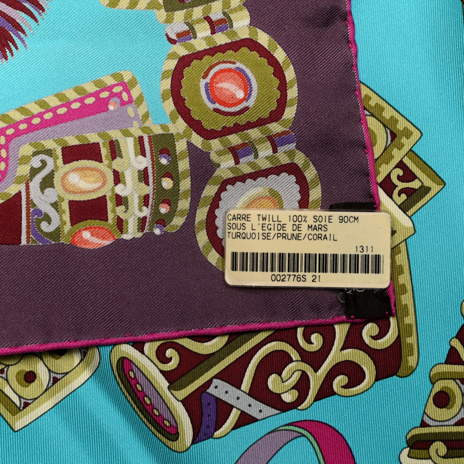 Hermes Silk Sous L Egide De Mars Scarf 90 Turquoise Prune Corail 3 of 5