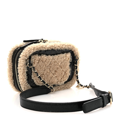 Chanel Shiny Crumpled Sheepskin Shearling Waist Bag Black Beige 3 of 13