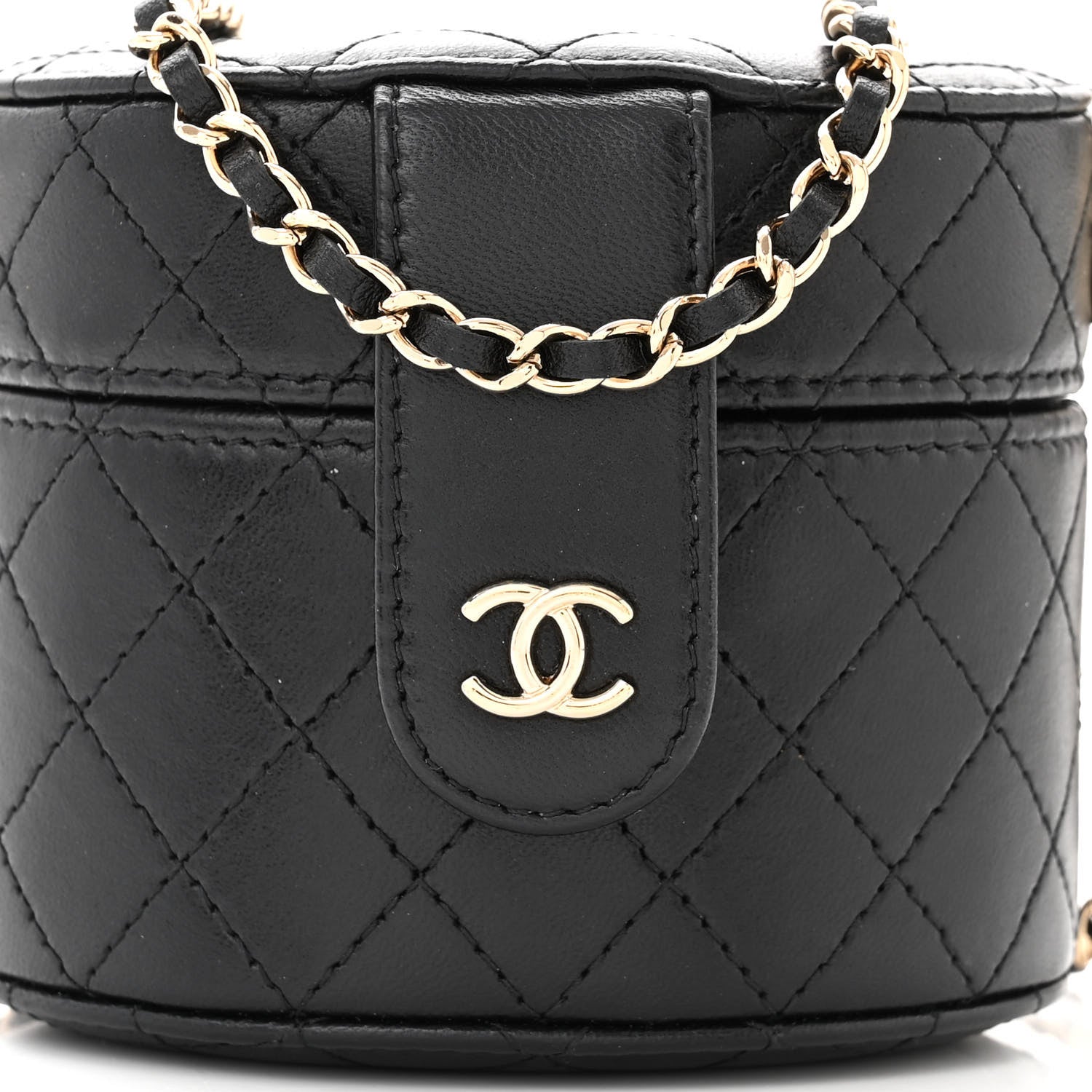 Chanel Lambskin Quilted Mini Round Vanity Case With Chain Black 8 of 11