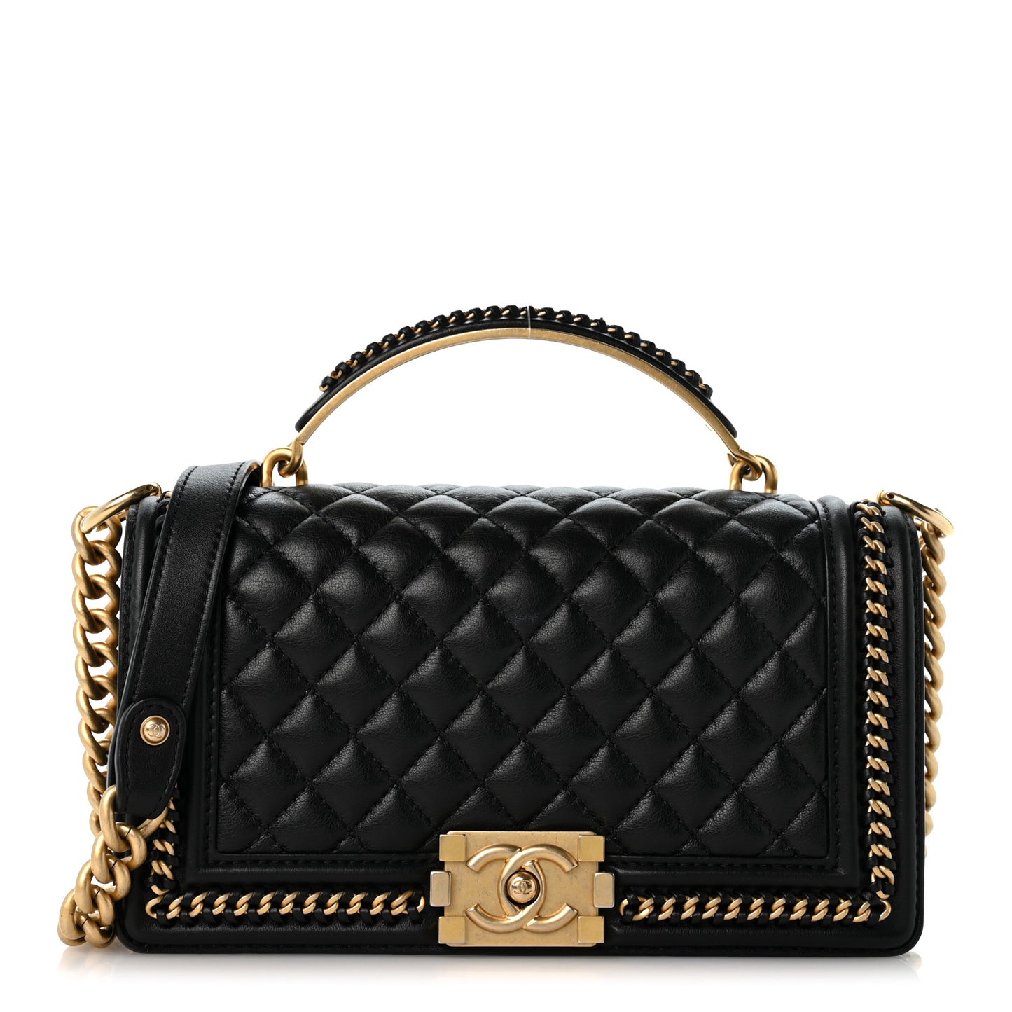 Lambskin Quilted Medium Top Handle Boy Flap Black