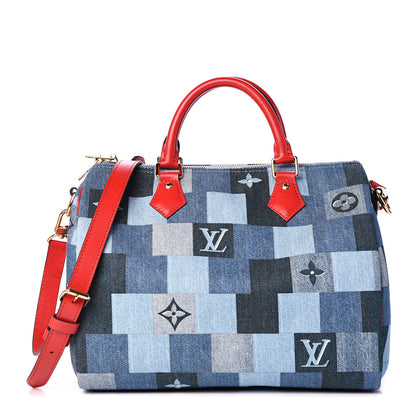 Louis Vuitton Denim Damier Monogram Patchwork Speedy Bandouliere 30 Blue Rouge 1 of 12