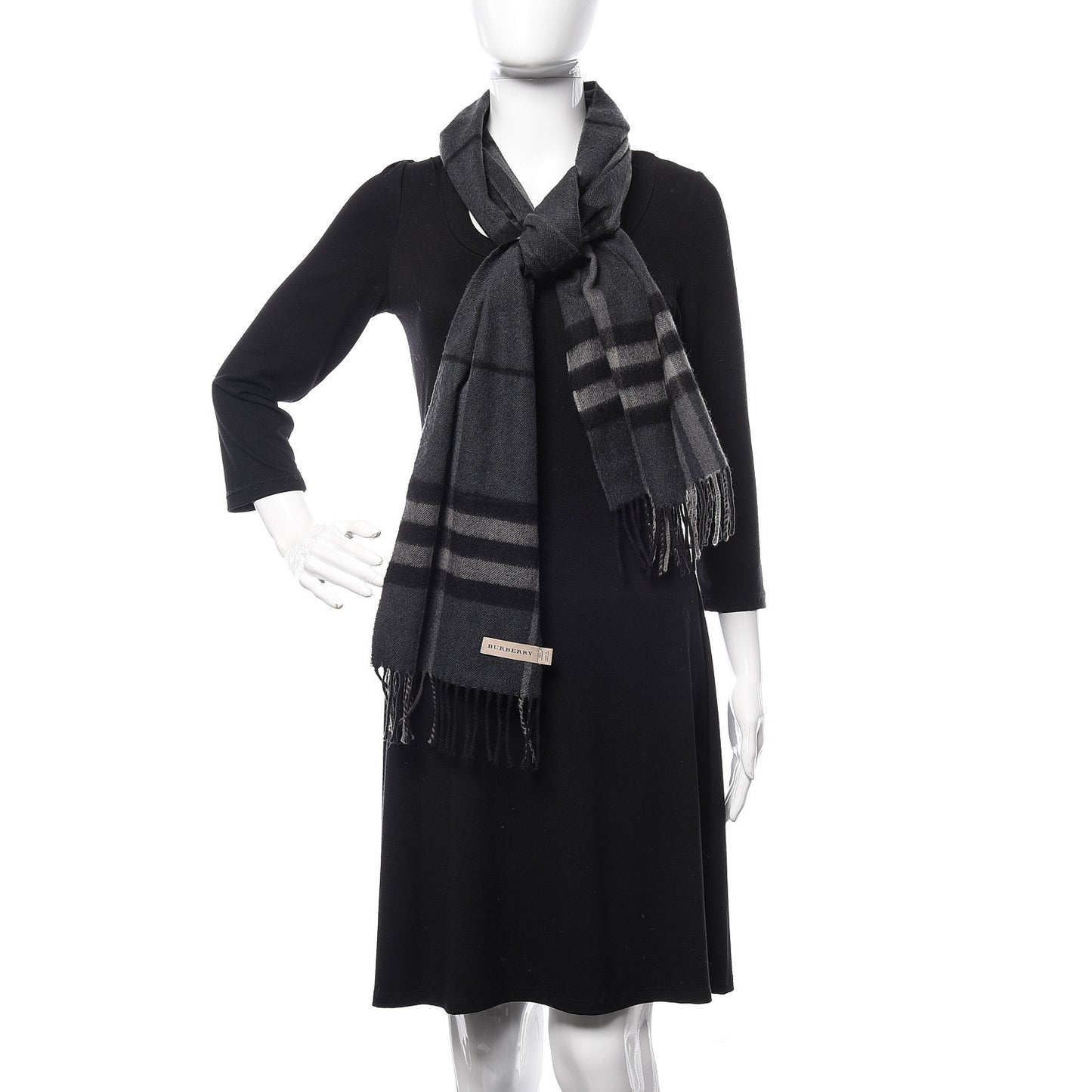 Cashmere Giant Check Fringe Scarf Charcoal