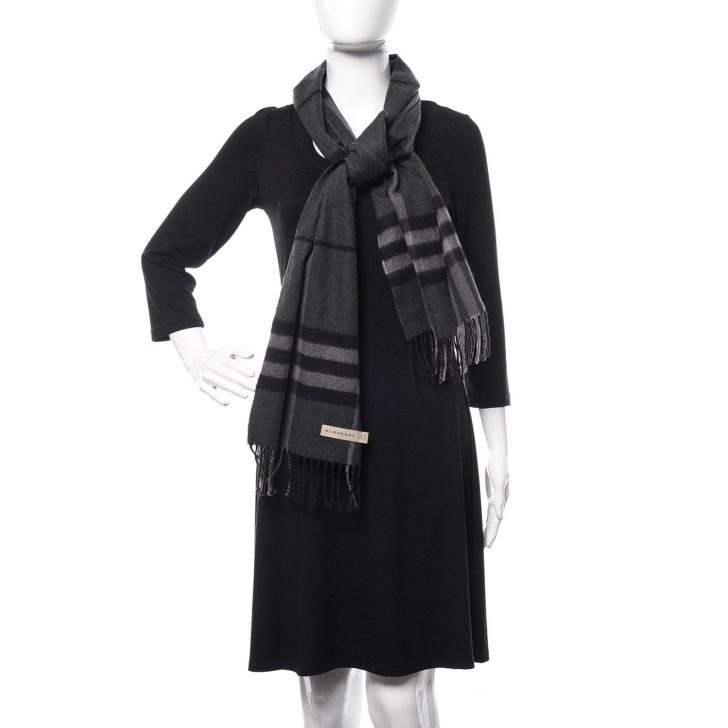 Burberry Cashmere Giant Check Fringe Scarf Charcoal 2 of 5