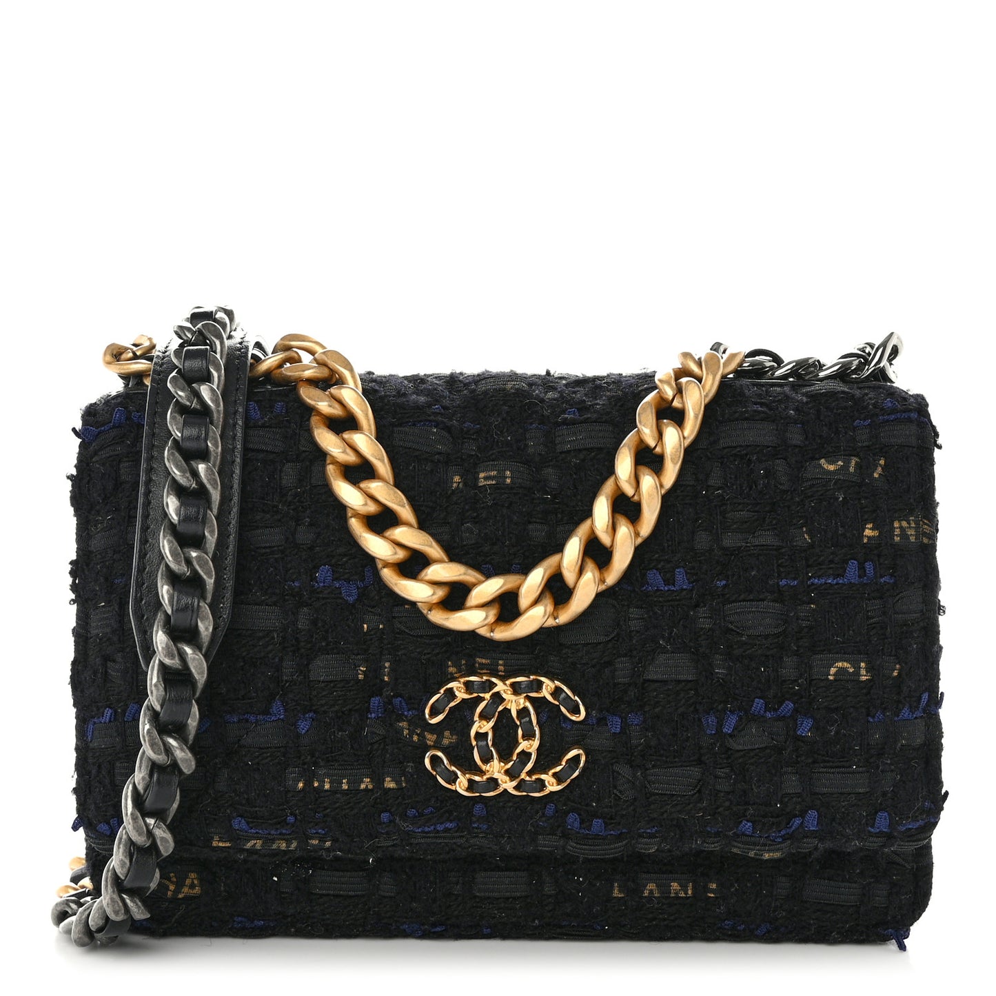 Tweed Quilted Chanel 19 Wallet On Chain WOC Black Navy Gold