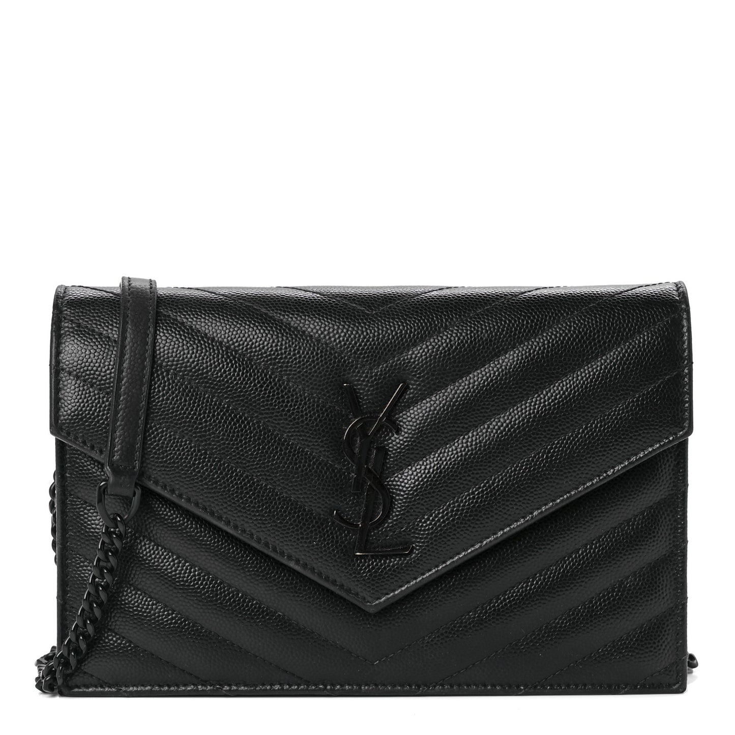 Grain De Poudre Matelasse Chevron Monogram Monochrome Envelope Chain Wallet Black