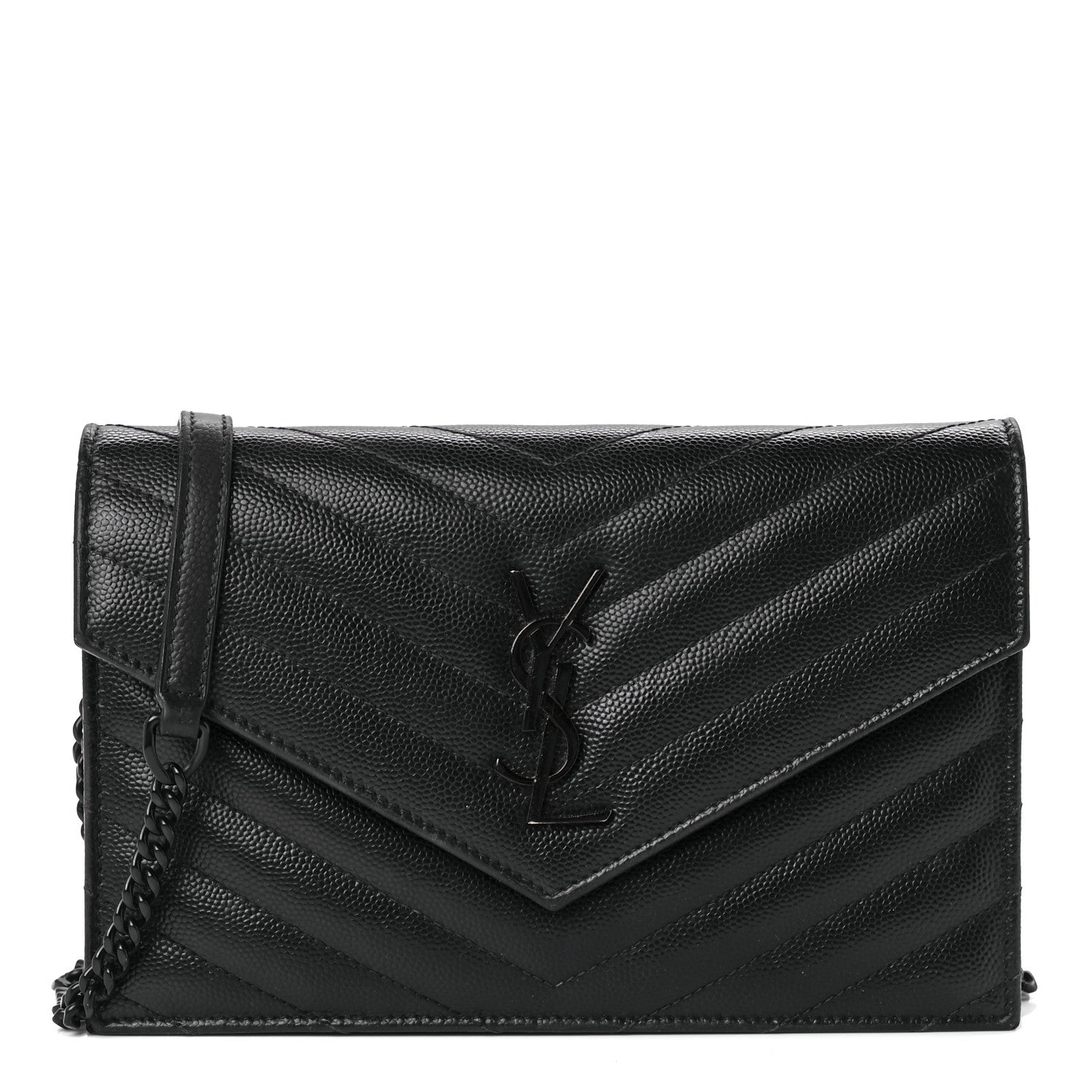 Saint Laurent Grain De Poudre Matelasse Chevron Monogram Monochrome Envelope Chain Wallet Black 1 of 11