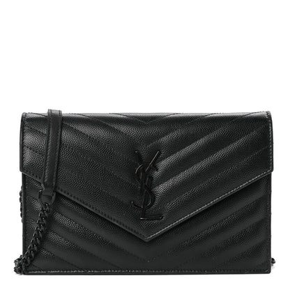 Saint Laurent Grain De Poudre Matelasse Chevron Monogram Monochrome Envelope Chain Wallet Black 1 of 11