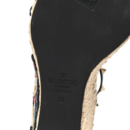 Valentino Garavani Canvas Butterfly Embroidered Rockstud Ankle Strap Espadrille 15/105mm Wedge Sandals 39 Black 5 of 6