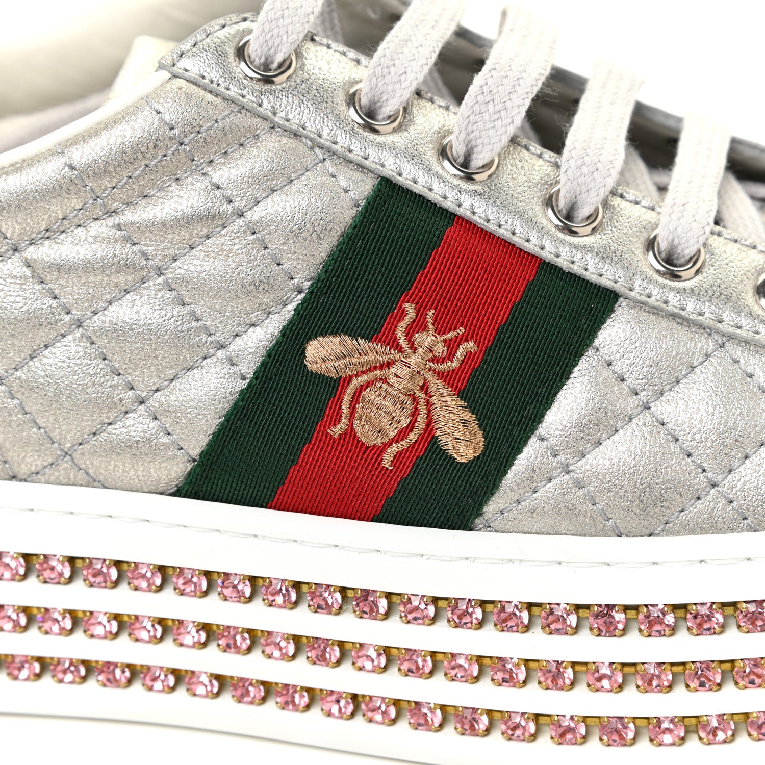 Gucci Laminated Nappa Crystal Web Bee Embroidered Trapuntata Womens Ace Platform Sneakers 38.5 Argento 13 of 16
