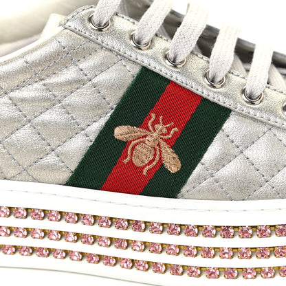 Gucci Laminated Nappa Crystal Web Bee Embroidered Trapuntata Womens Ace Platform Sneakers 38.5 Argento 13 of 16