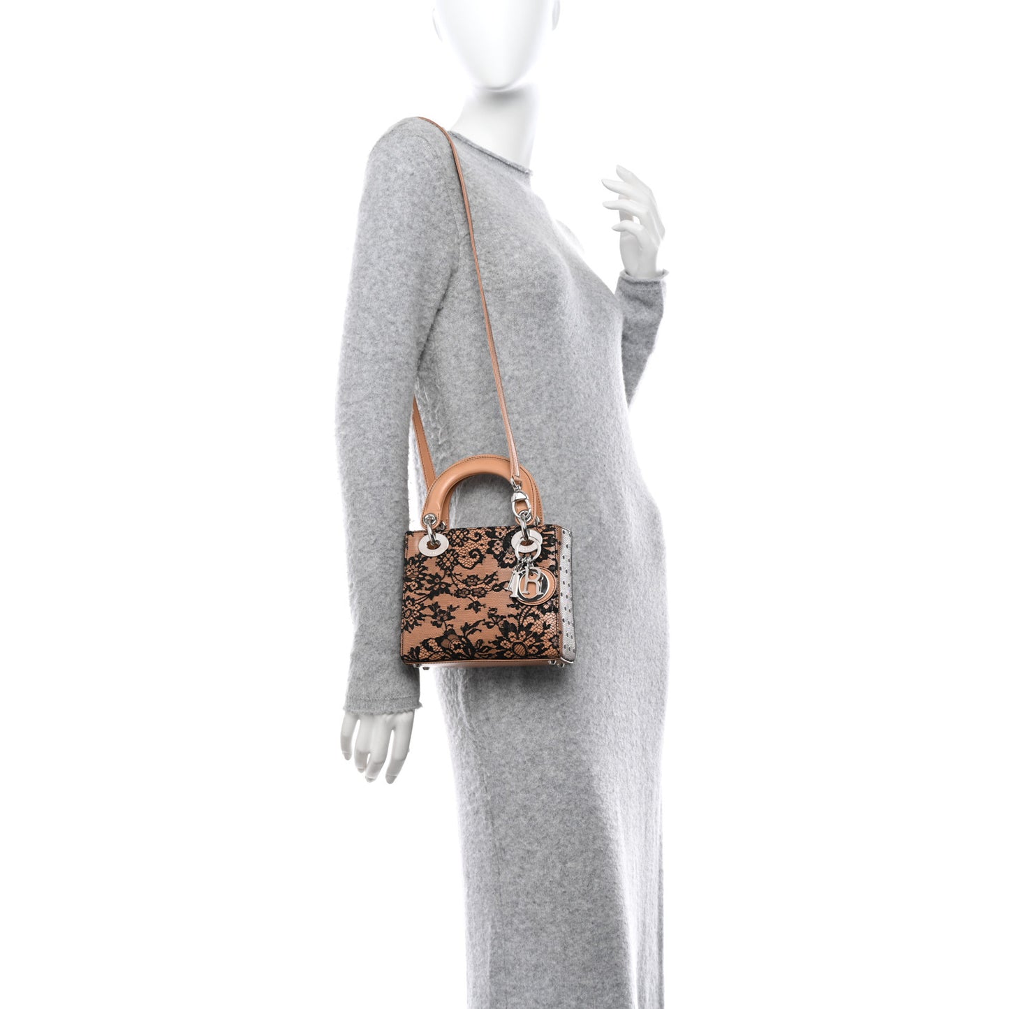 CHRISTIAN DIOR Lace Lambskin Mini Lady Dior Beige Black