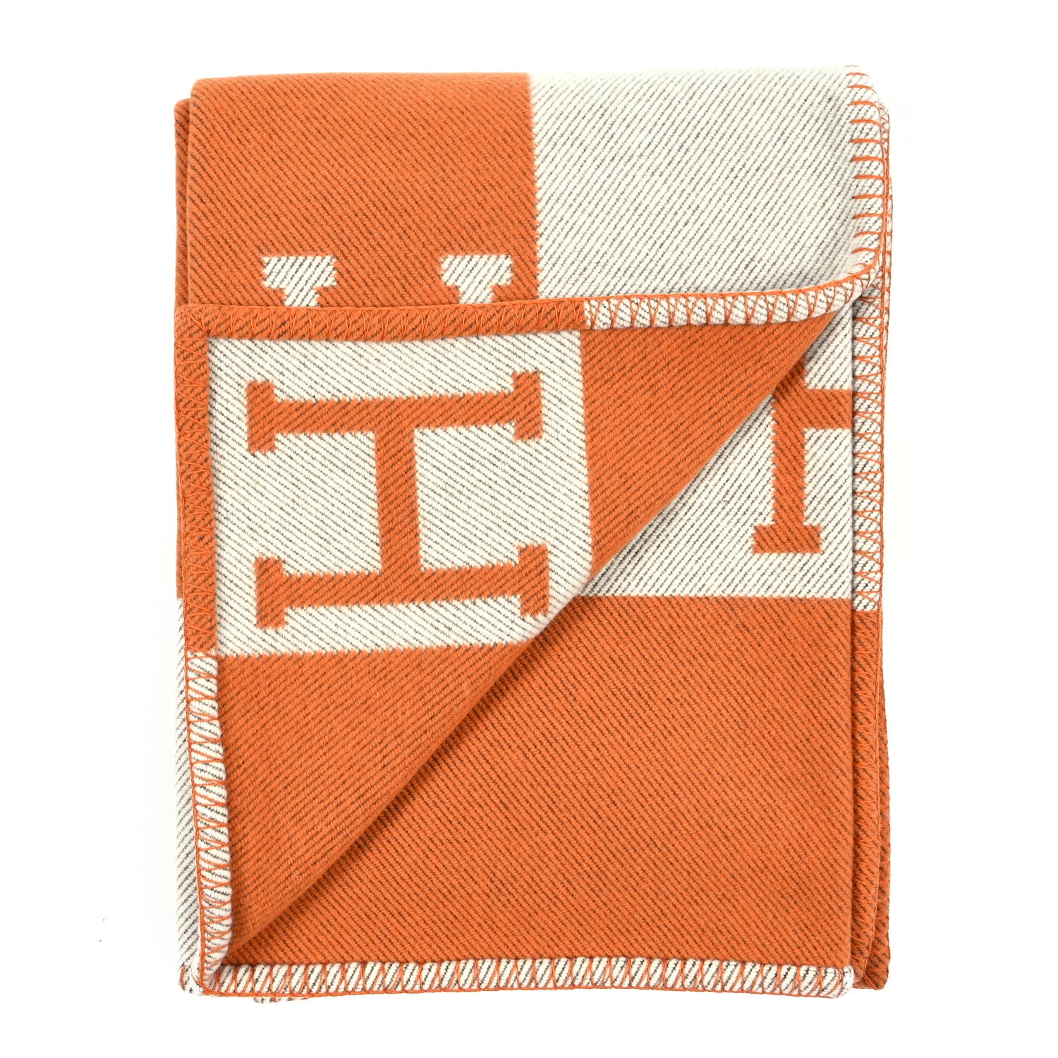 Hermes Wool Cashmere Signature Classic Avalon Blanket Ecru Potiron 2 of 3