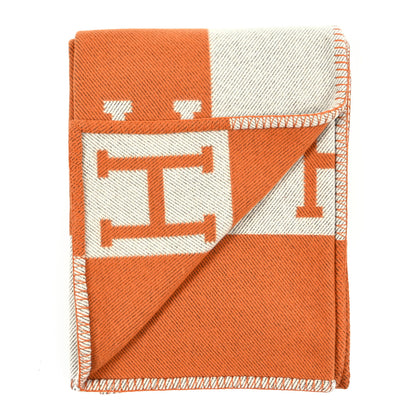 Hermes Wool Cashmere Signature Classic Avalon Blanket Ecru Potiron 2 of 3