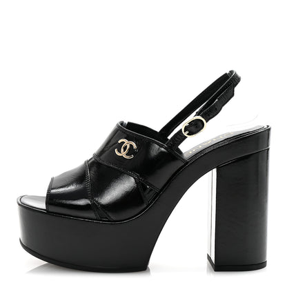 Chanel Crumpled Patent Lambskin Platform Sandals 37.5 Black 1 of 9