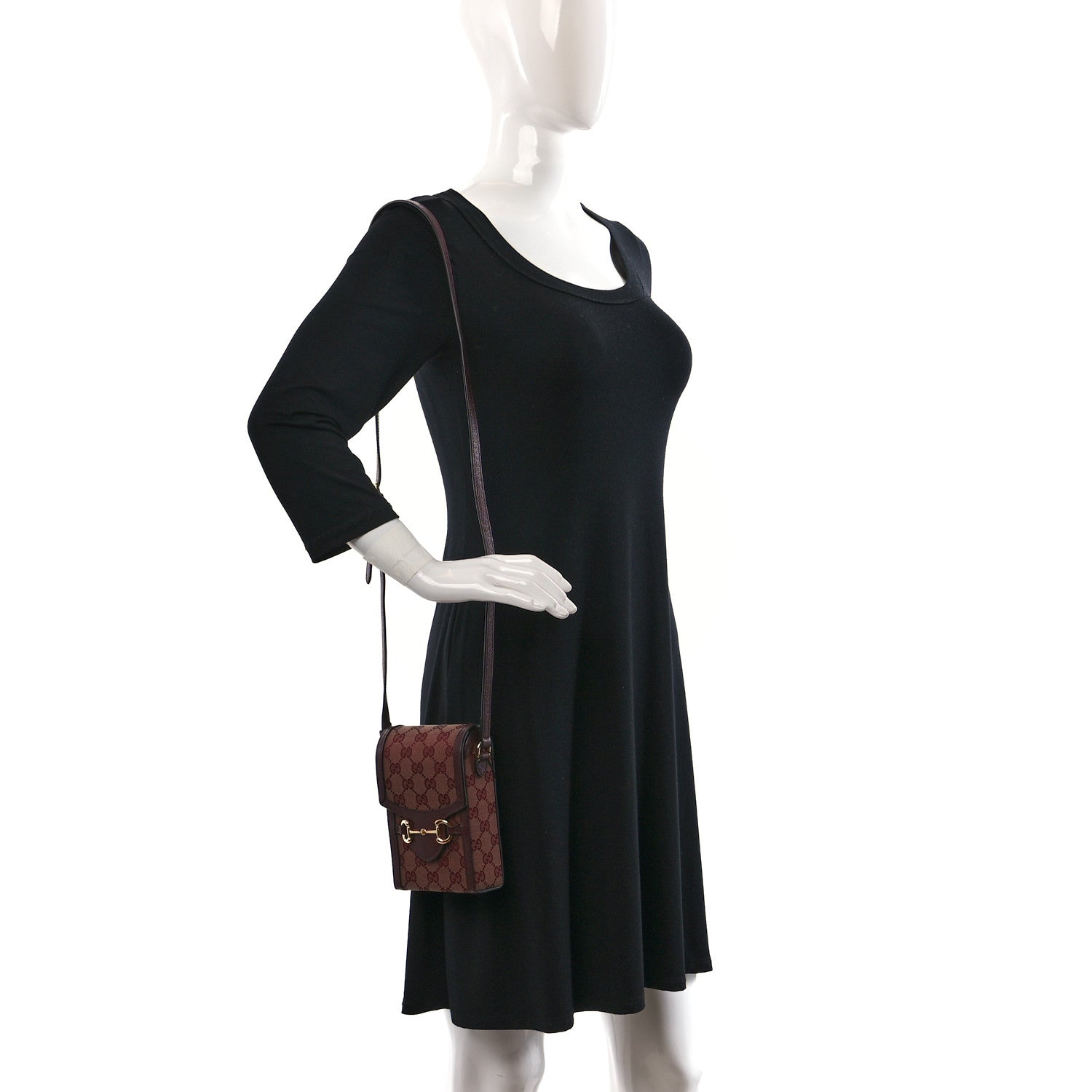 Gucci Monogram Textured Dollar Calfskin Mini Horsebit 1955 Crossbody Bag Sahara Rubino Chardonnay 4 of 15