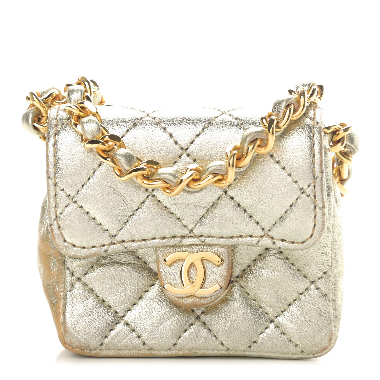 Metallic Lambskin Quilted Micro Mini Flap Gold