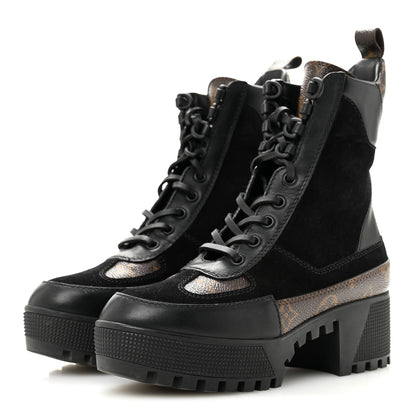 Louis Vuitton Suede Calfskin Monogram Laureate Platform Desert Boots 34.5 Black 4 of 9