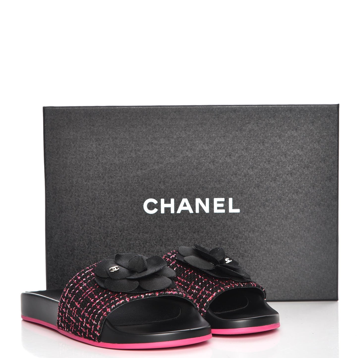 Tweed Grosgrain Camellia CC Flat Mules 37 Black Pink