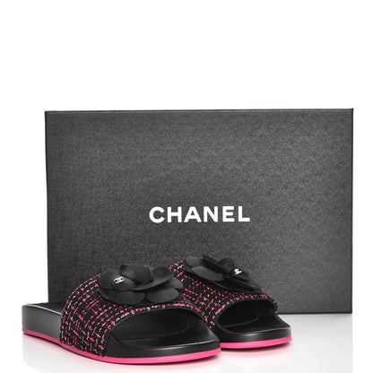 Chanel Tweed Grosgrain Camellia CC Flat Mules 37 Black Pink 9 of 9