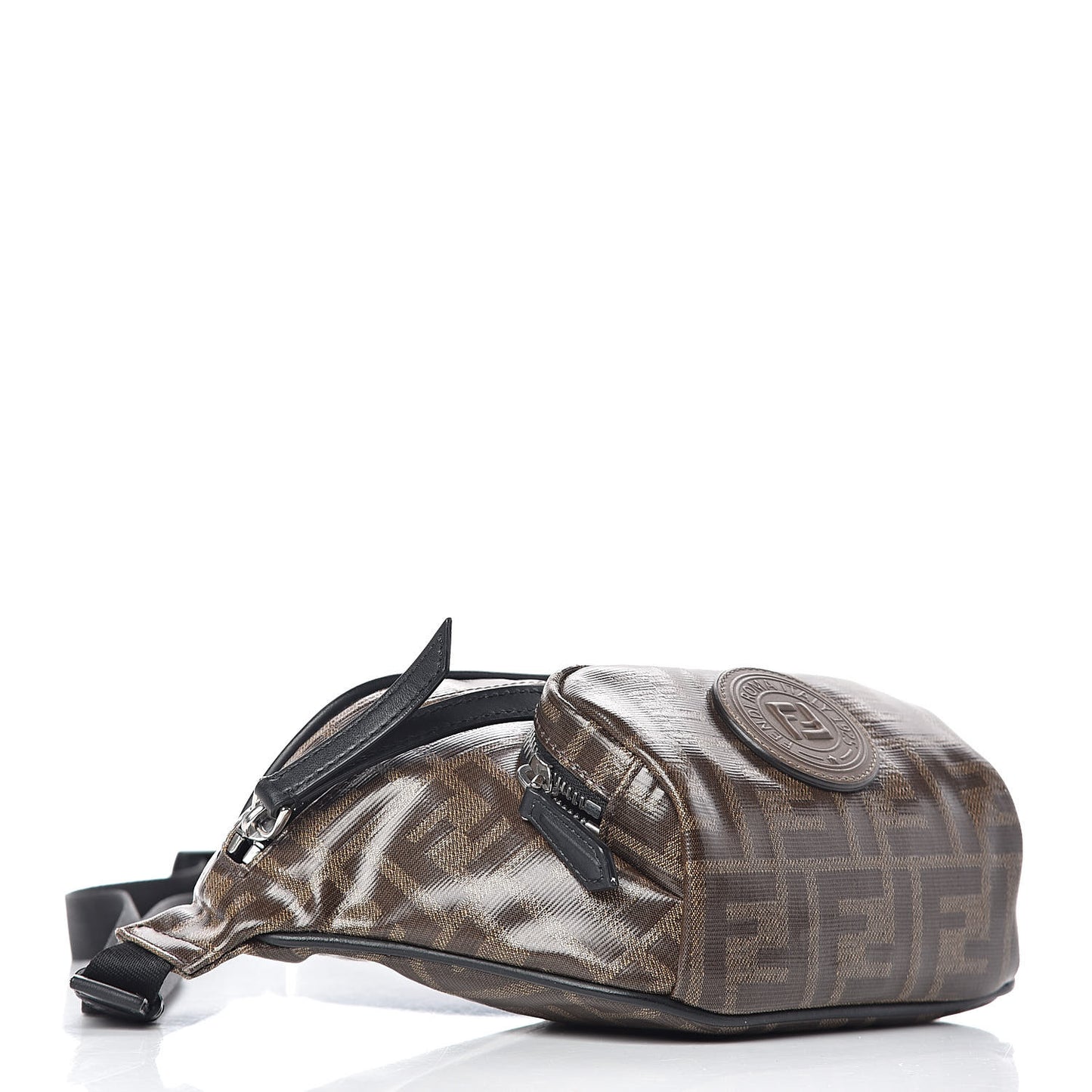 Glazed Fabric Vitello Century FF 1974 Stamp Patch Mens Pocket Belt Bag Mogano Panna Black