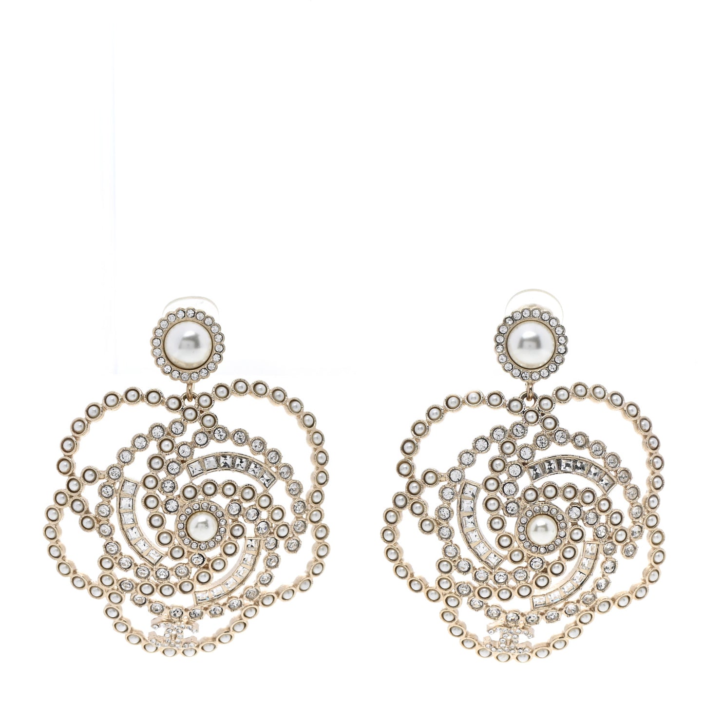Pearl Crystal Lace Camellia Earrings Gold