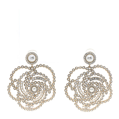 Chanel Pearl Crystal Lace Camellia Earrings Gold 1 of 5