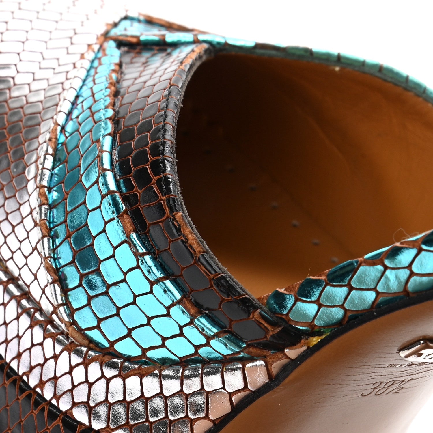 Gucci Metallic Calfskin Embossed Python GG Ankle Strap High Heel Pumps 38.5 Multicolor 9 of 9