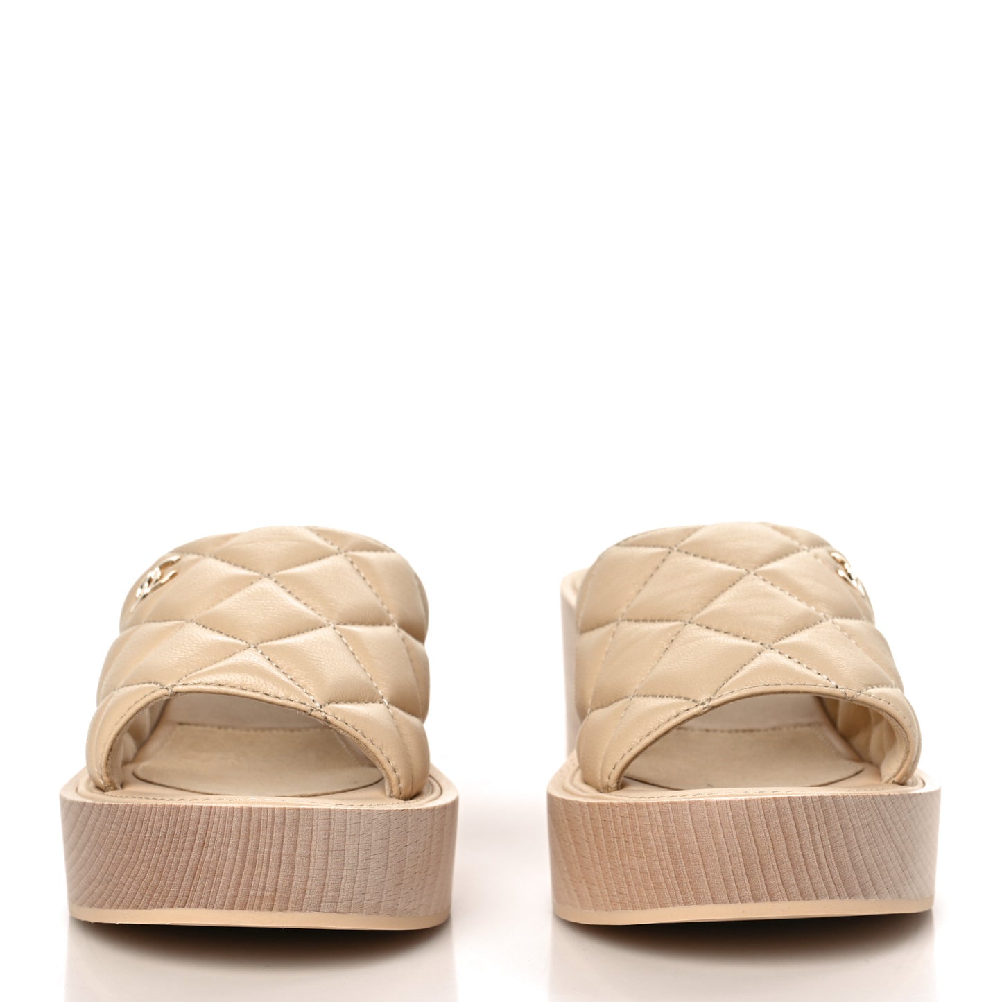Lambskin Quilted CC Slip On Platform Sandals 39 Beige