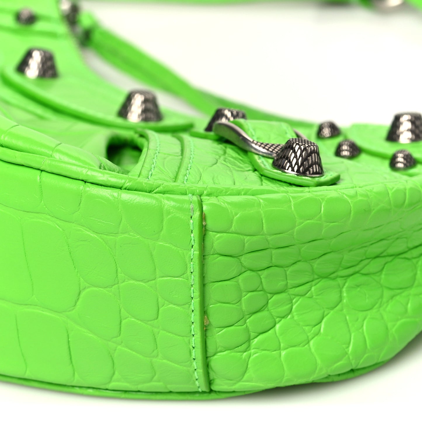Extra Supple Calfskin Crocodile Embossed Le Cagole Shoulder Bag XS Acid Green