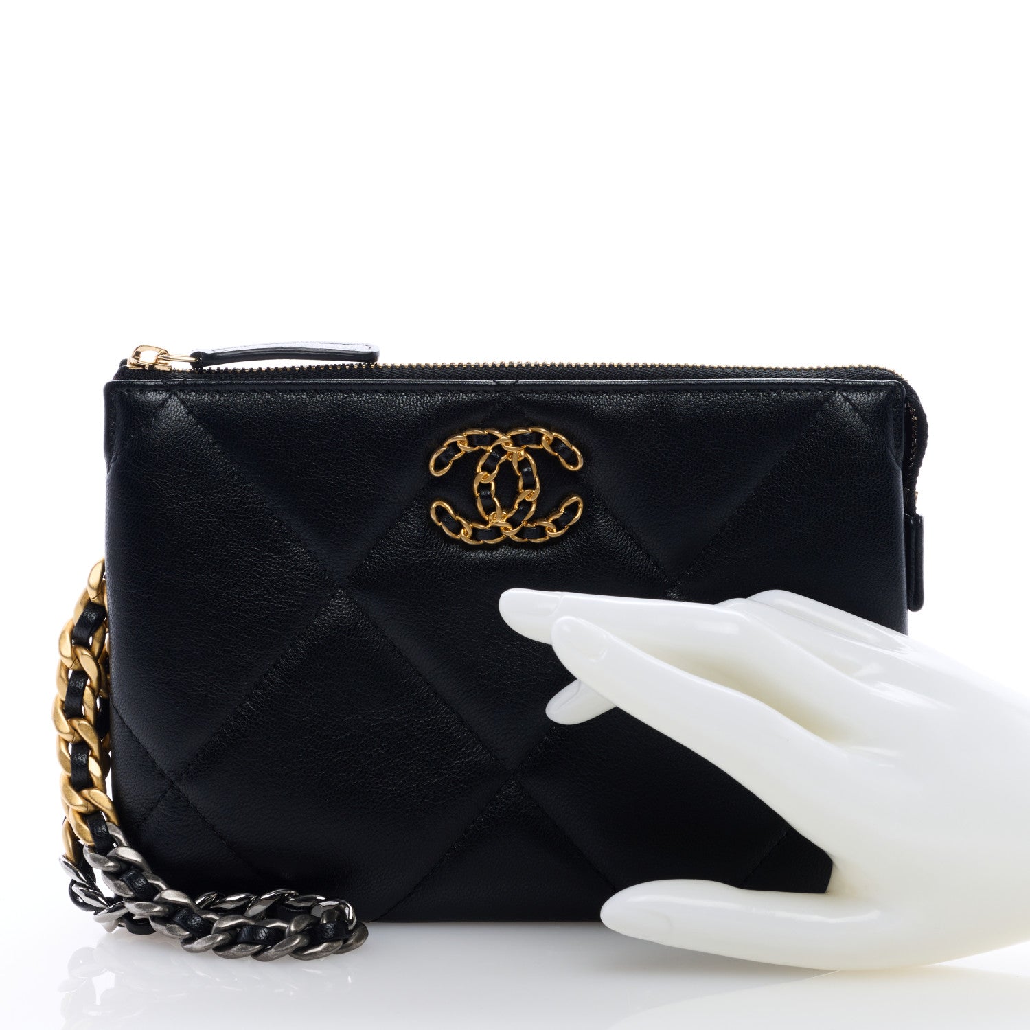 Chanel Shiny Goatskin Quilted Small Chanel 19 Pouch With Handle Black 2 of 7