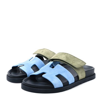 Hermes Suede Goatskin Womens Chypre Sandals 35.5 Bleu Cameo Vert Celadon 4 of 10