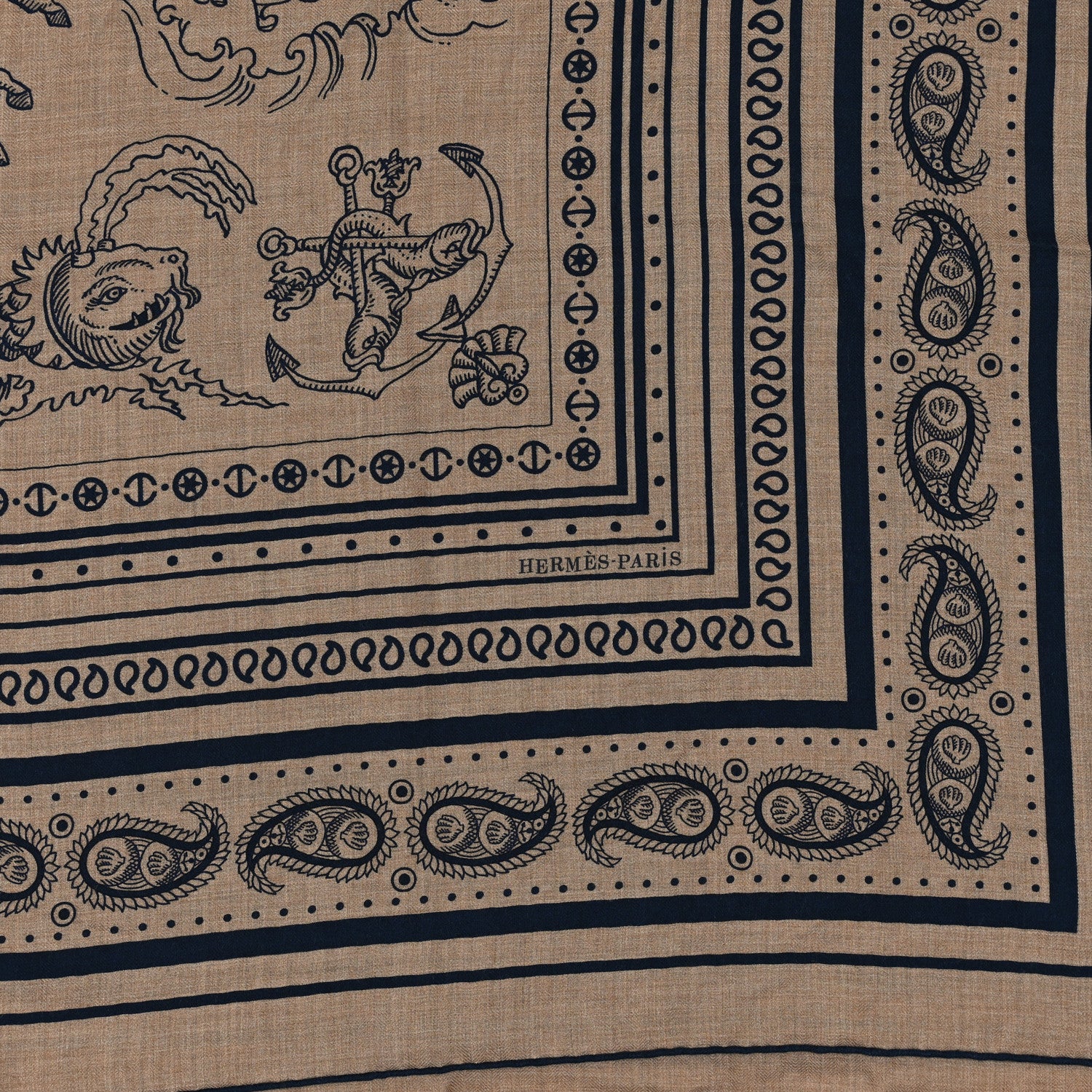 Hermes Cashmere Silk Tatouages Marins Bandana Shawl 140 Caramel