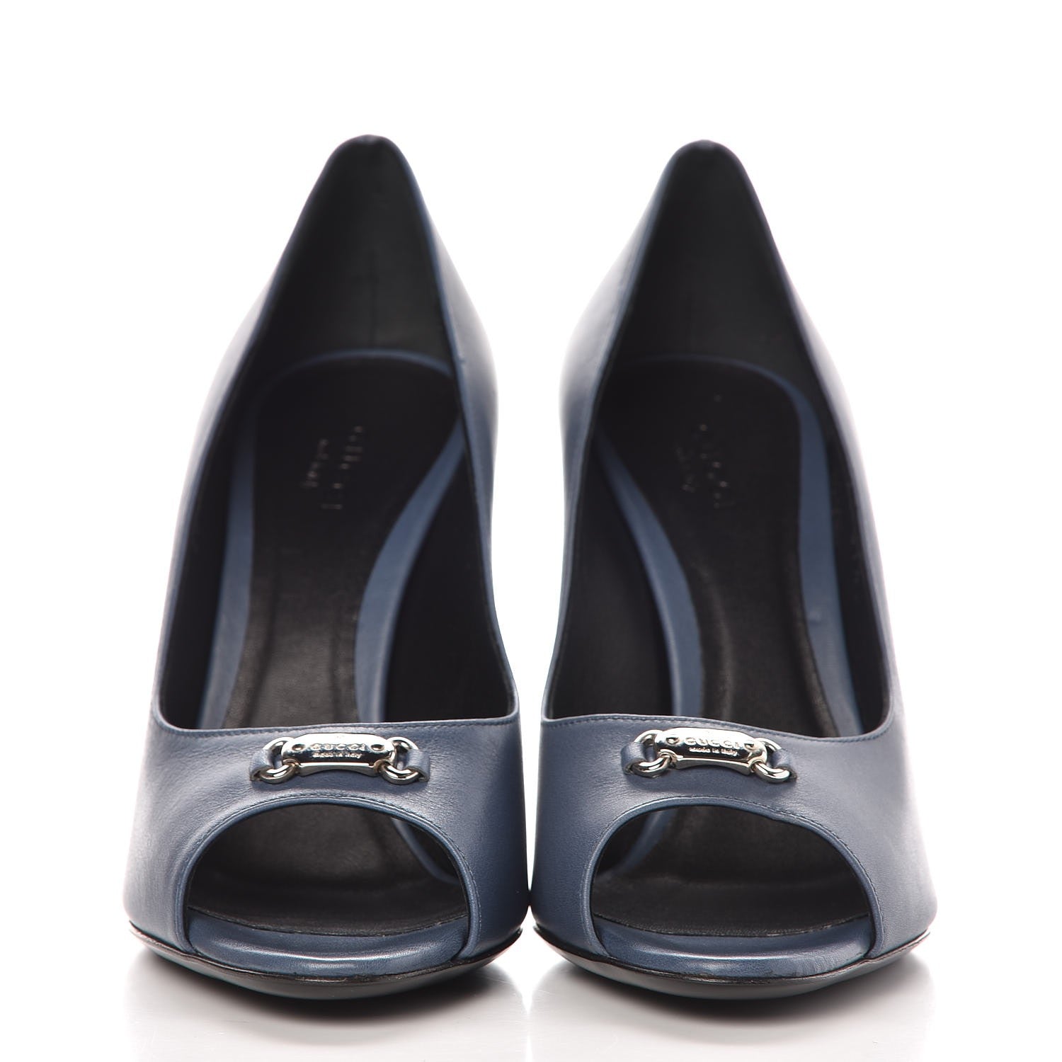 Gucci Calfskin Logo Plate Peep Toe Pumps 37.5 Admiral 2 of 11