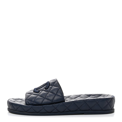 Chanel Lambskin Quilted CC Mules Sandals 39 Navy Blue 1 of 10