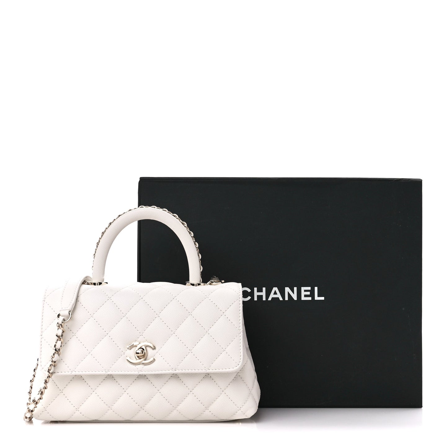 Caviar Quilted Mini Coco Chain Handle Flap White
