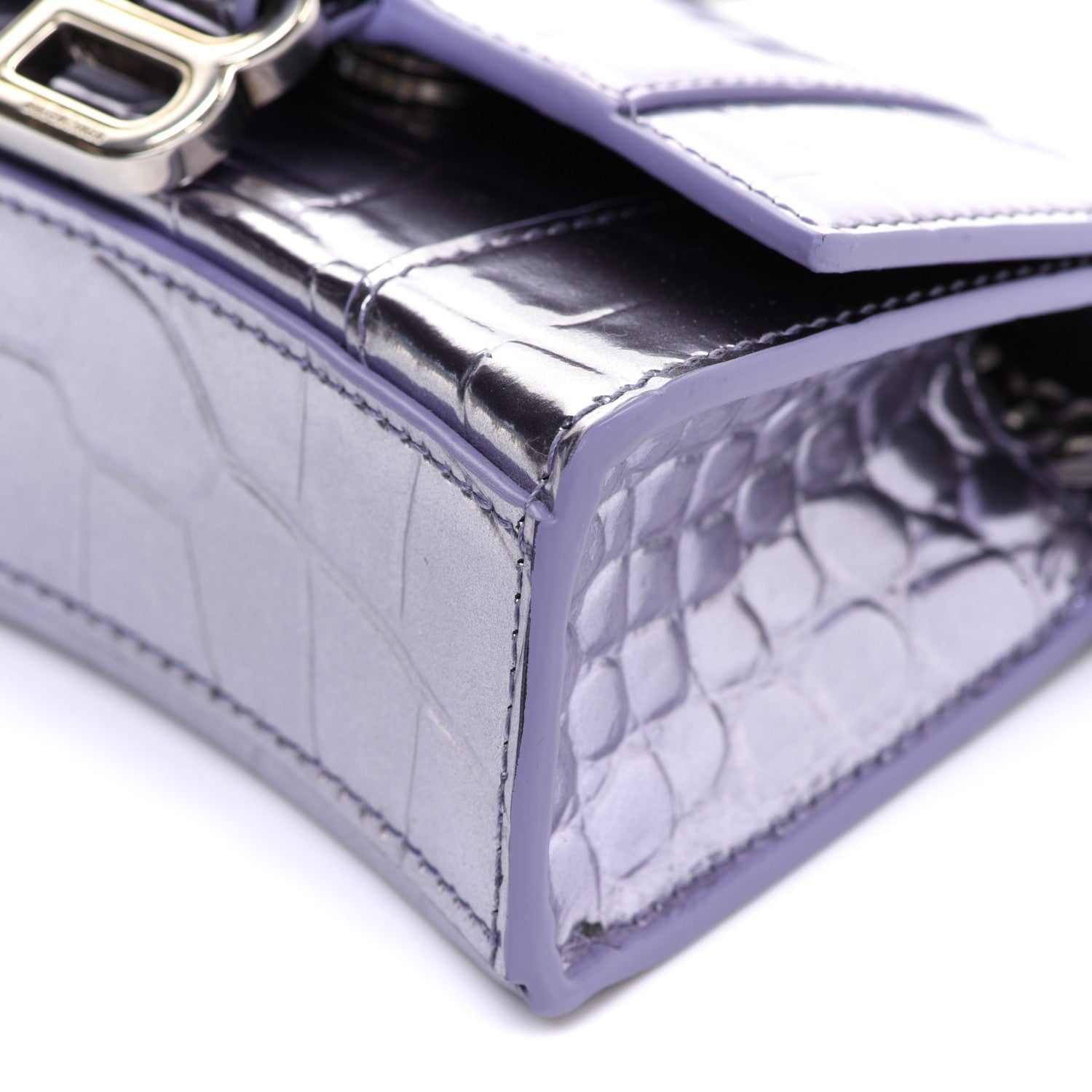 Balenciaga Metallic Calfskin Crocodile Embossed Hourglass Top Handle Bag Mini with Chain Lilac 9 of 9