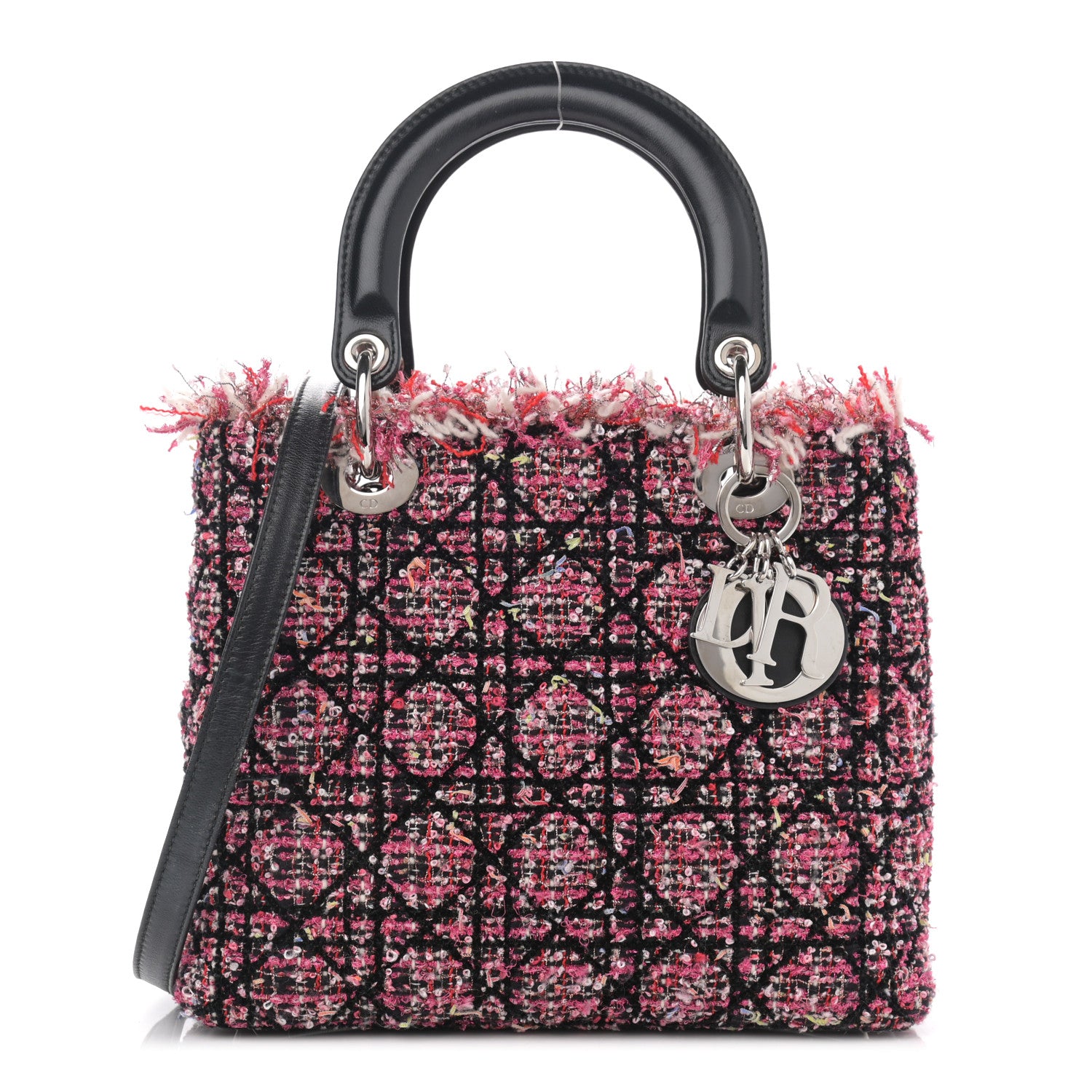 Christian Dior Tweed Fringe Cannage Embroidered Medium Lady Dior Pink Black Multicolor 1 of 13