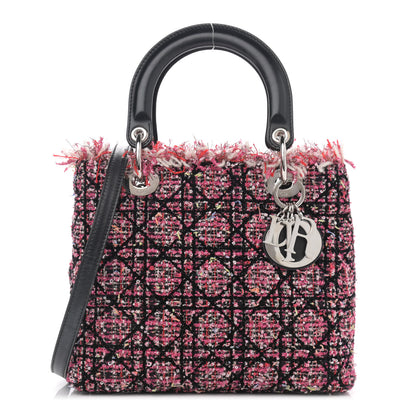 Christian Dior Tweed Fringe Cannage Embroidered Medium Lady Dior Pink Black Multicolor 1 of 13