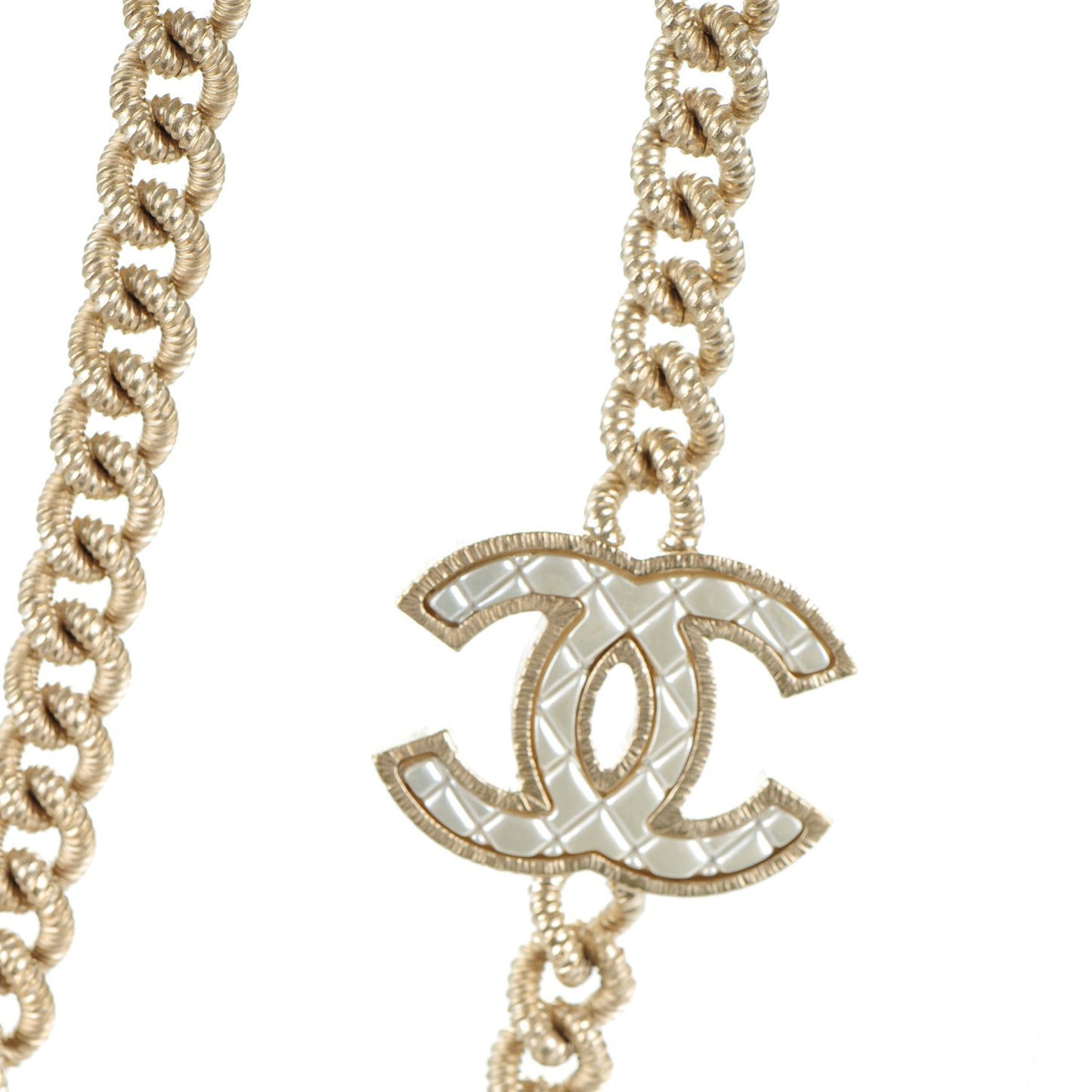 Quilted CC Long Chain Necklace Gold Pearly White