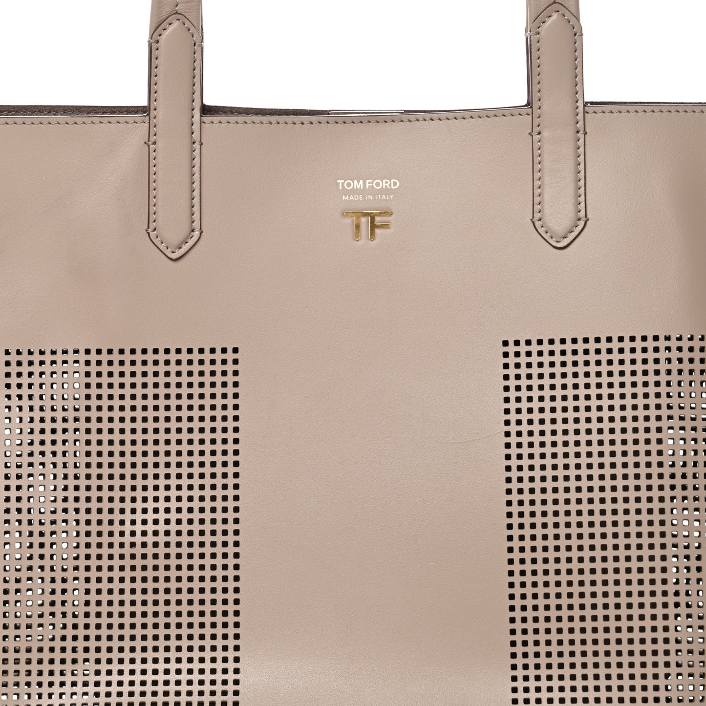 Calfskin Perforated Small East West Graphic T Tote Beige