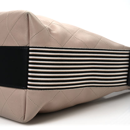 Chanel Calfskin Stitched Large Stripe Hobo Beige Black 10 of 13