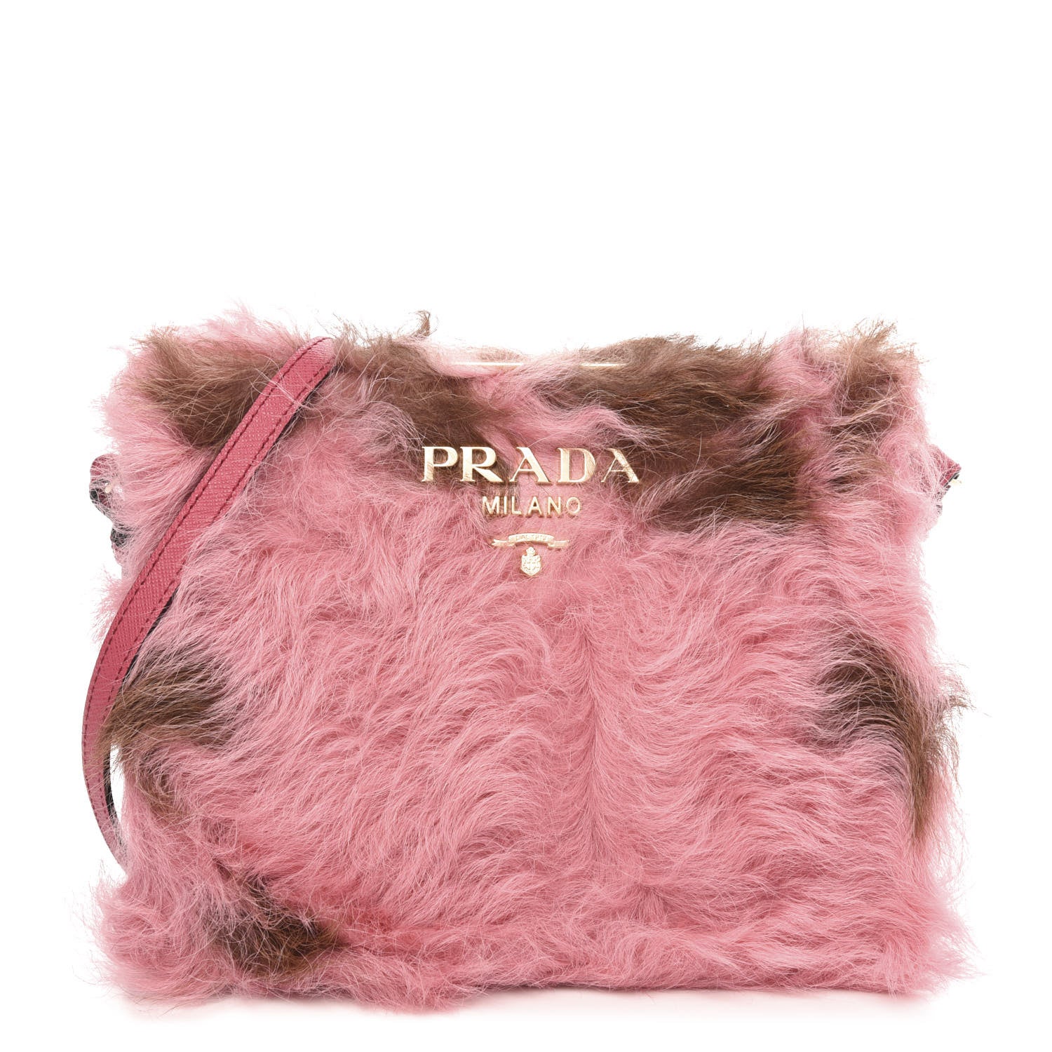 Prada Montone Shearling Fox Fur Saffiano Shoulder Bag Begonia Cammello 1 of 9