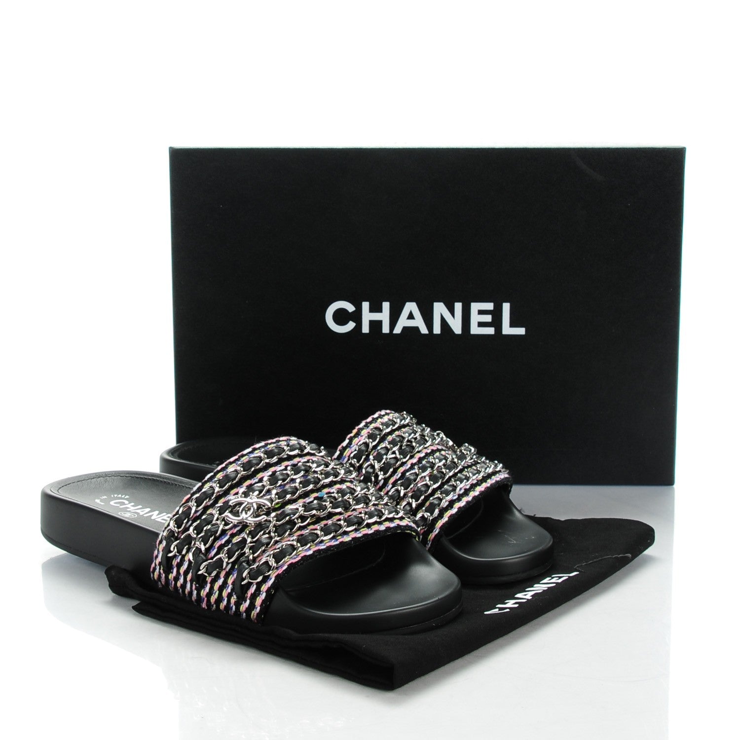 Chanel Tweed Lambskin Chain Flat Sandals 37 Black Multicolor 9 of 9