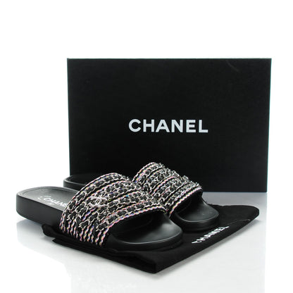 Chanel Tweed Lambskin Chain Flat Sandals 37 Black Multicolor 9 of 9