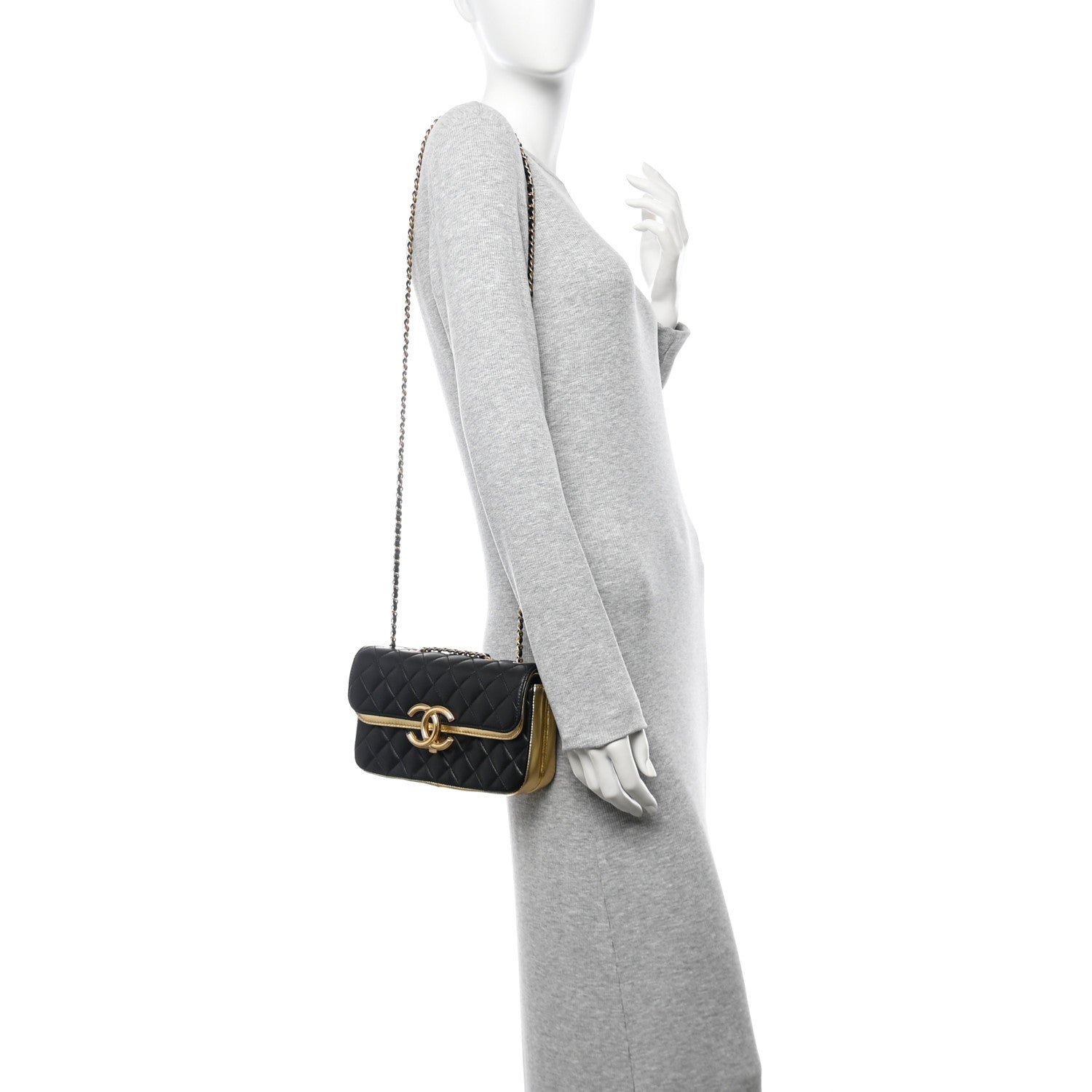 Chanel Lambskin Metallic Quilted Small CC Chic Double Flap Black Gold 2 of 13