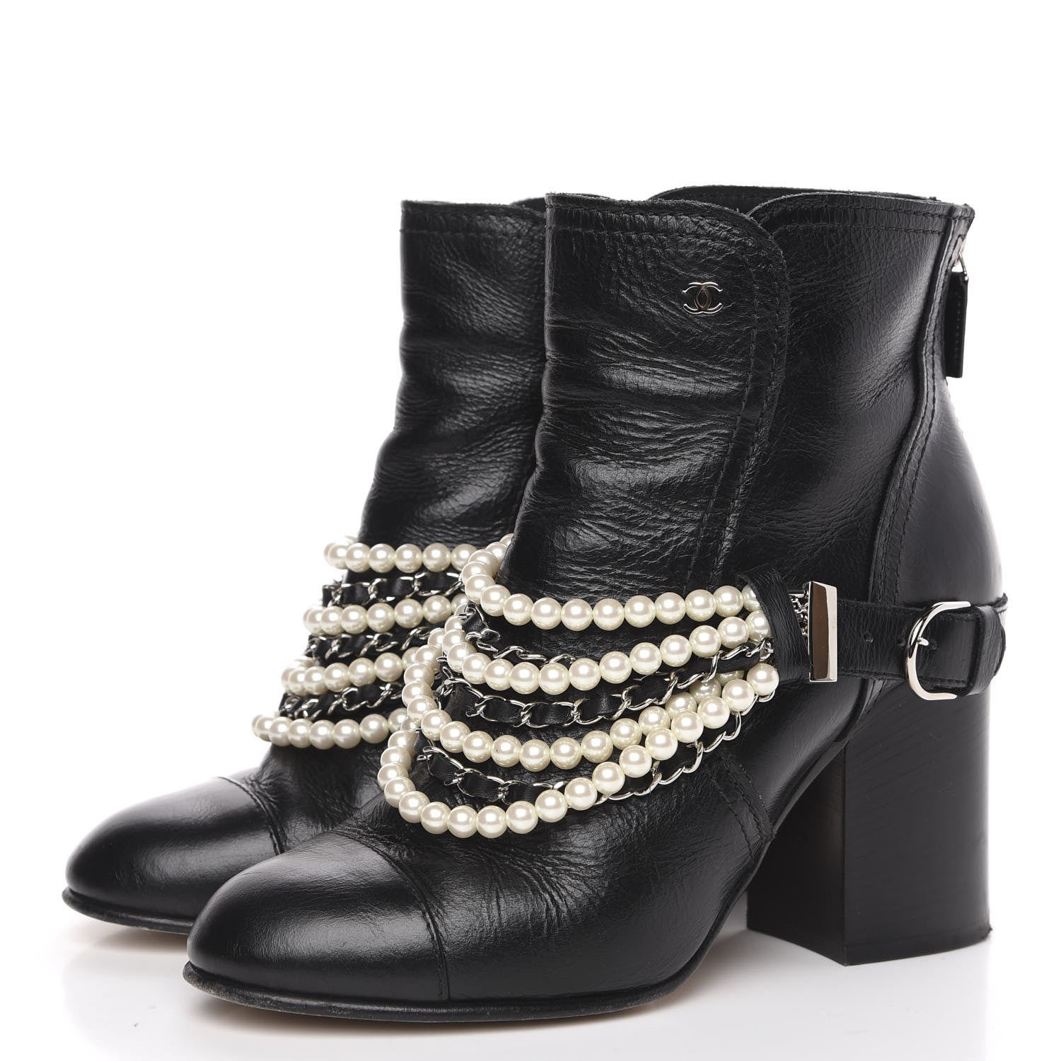 Chanel Calfskin Pearl Cap Toe Short Boots 39.5 Black 3 of 10