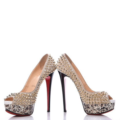 Christian Louboutin Veau Velours Patent Lady Peep Spikes 150 Pumps 36 Stone 6 of 14