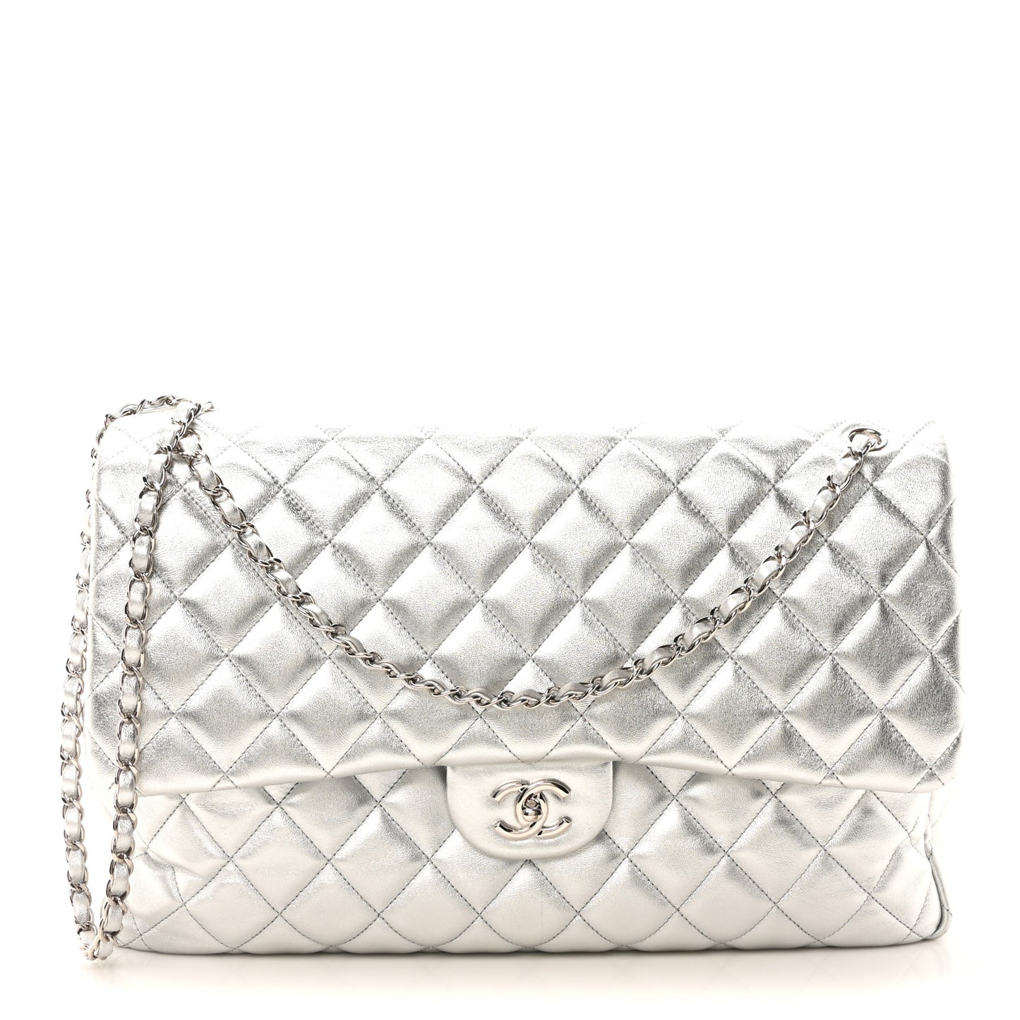 Metallic Lambskin Quilted XXL Travel Flap Bag Silver
