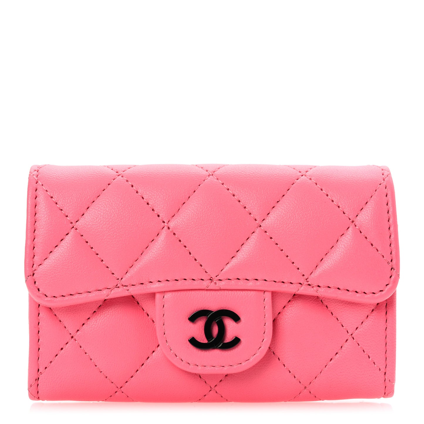 Lambskin Quilted Flap Card Holder Wallet Pink